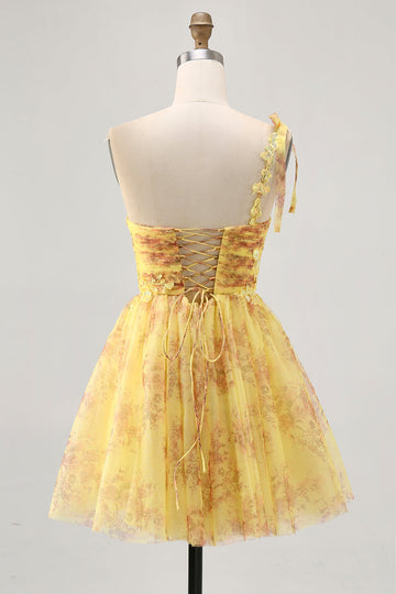 Yellow One Shoulder Sequins Printed A Line Short Prom Dress